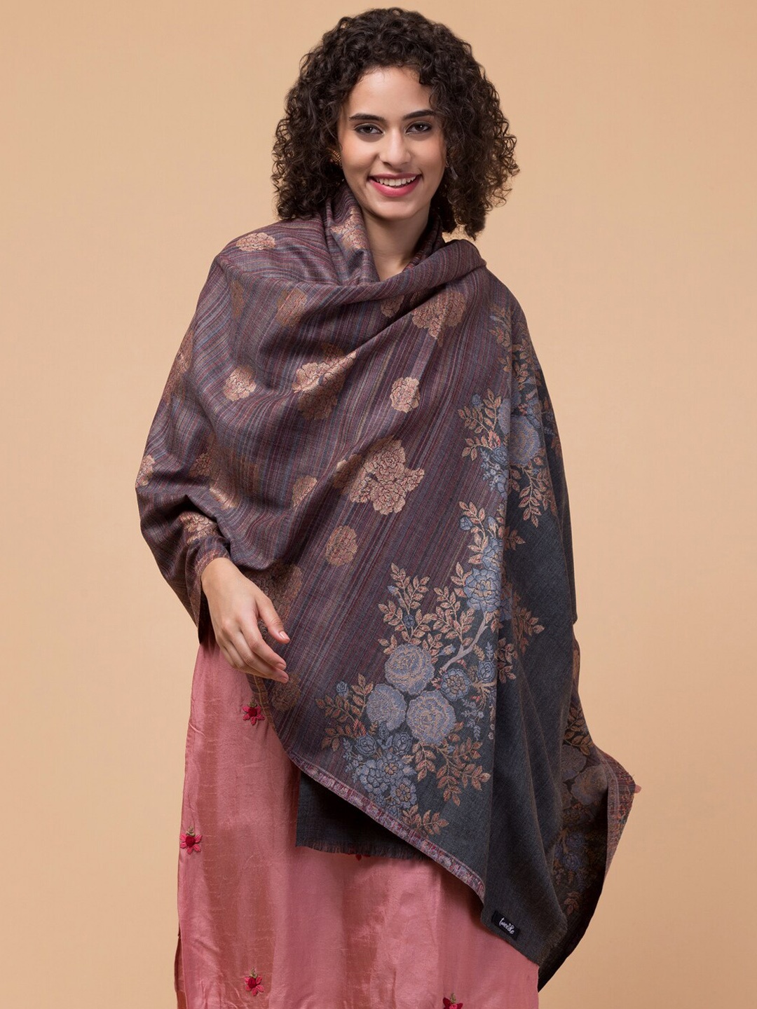 

Tweedle Floral Woven Design Woolen Shawl, Grey