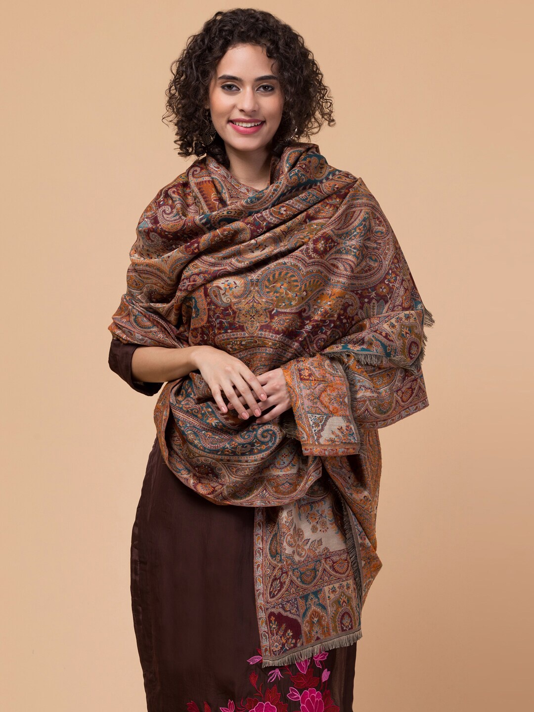 

Tweedle Women Ethnic Motifs Woven-Design Wollen Shawl, Brown