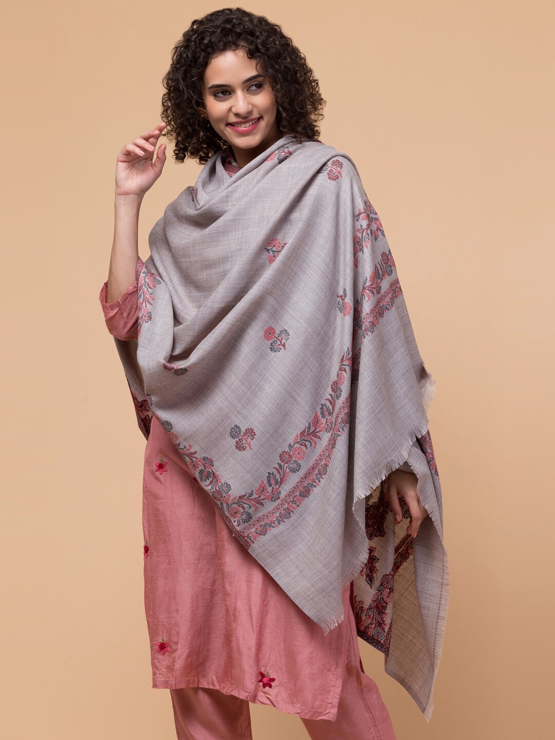 

Tweedle Floral Woven Design Woolen Shawl, Grey