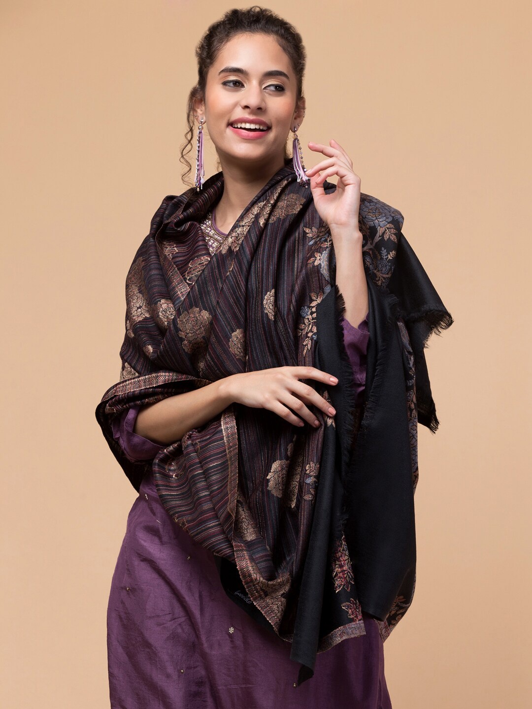 

Tweedle Floral Woven Design Woollen Shawl, Black