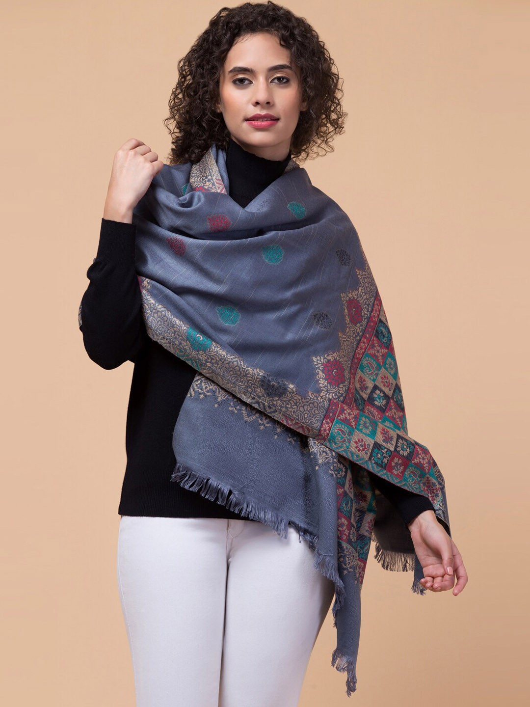 

Tweedle Ethnic Motifs Woven Design Shawl, Grey