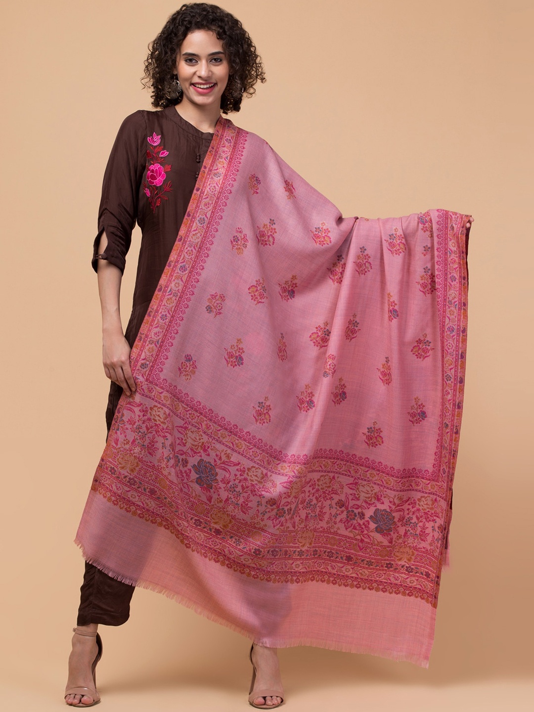 

Tweedle Floral Woven Design Woolen Shawl, Pink