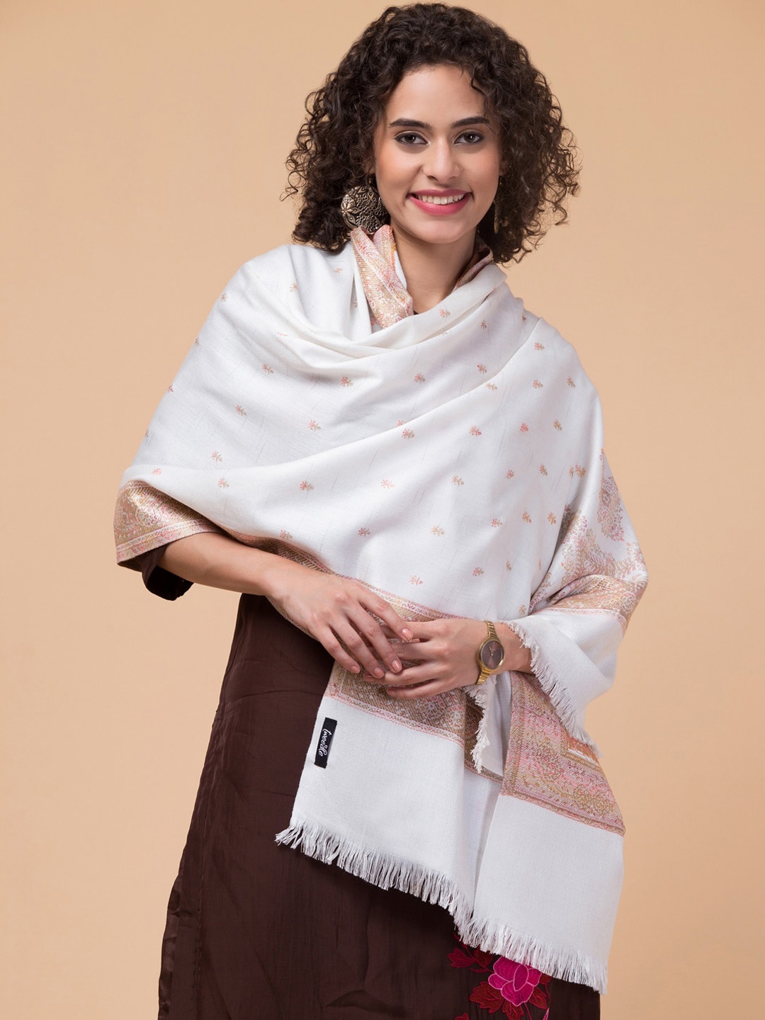 

Tweedle Woven-Design Wollen Shawl, White