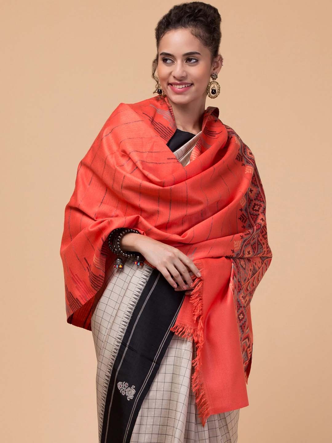 

Tweedle Geometric Woven Design Acrylic Shawl, Peach
