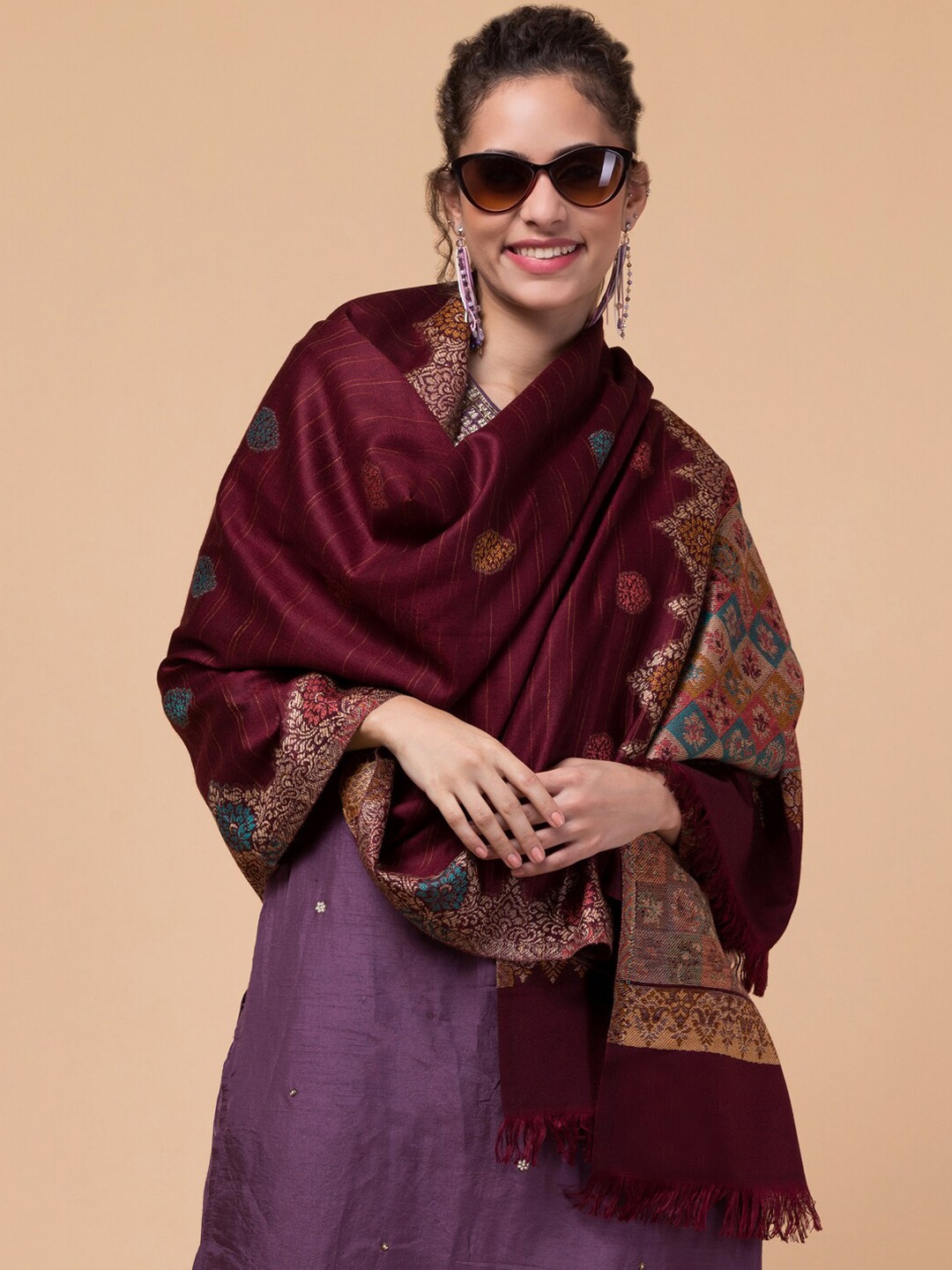 

Tweedle Ethnic Motifs Woven Design Wollen Shawl, Maroon