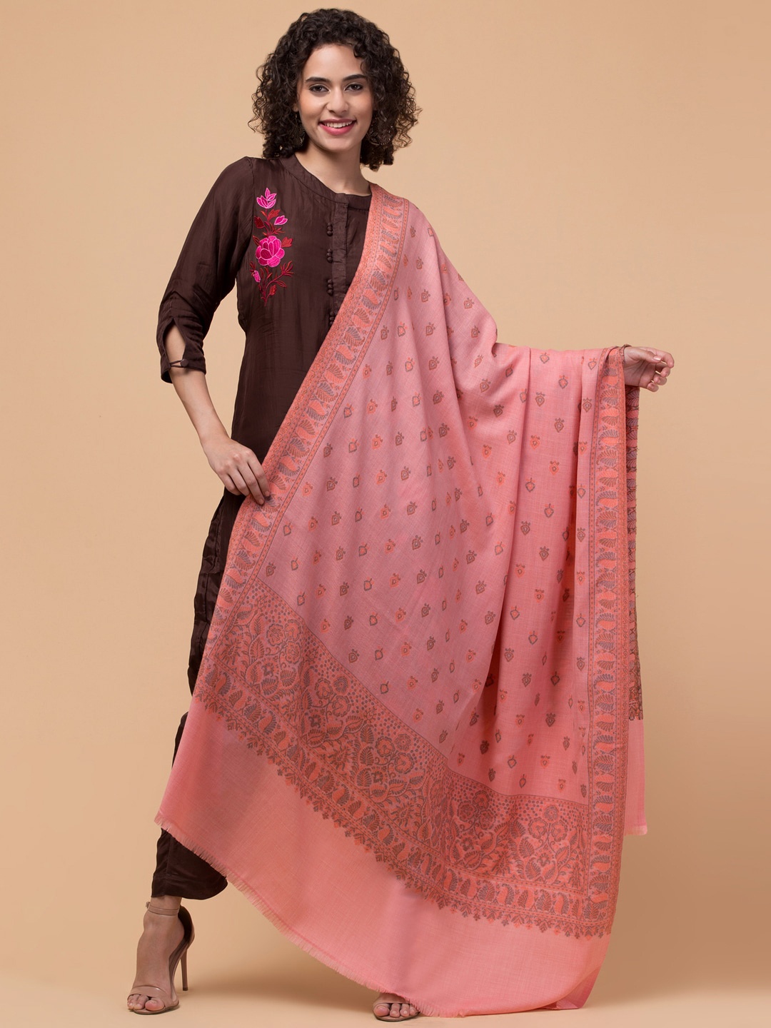 

Tweedle Ethnic Motifs Woven-Design Woolen Shawl, Pink