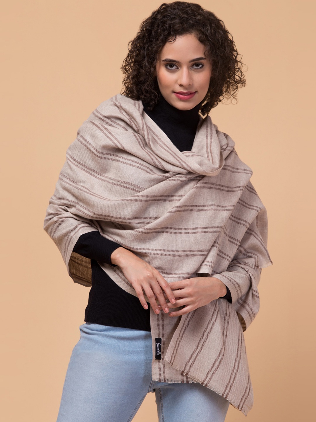 

Tweedle Striped Woven-Design Woollen Shawl, Beige
