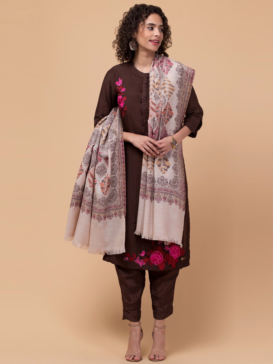 

Tweedle Ethnic Motifs Woven-Design Woollen Shawl, Off white