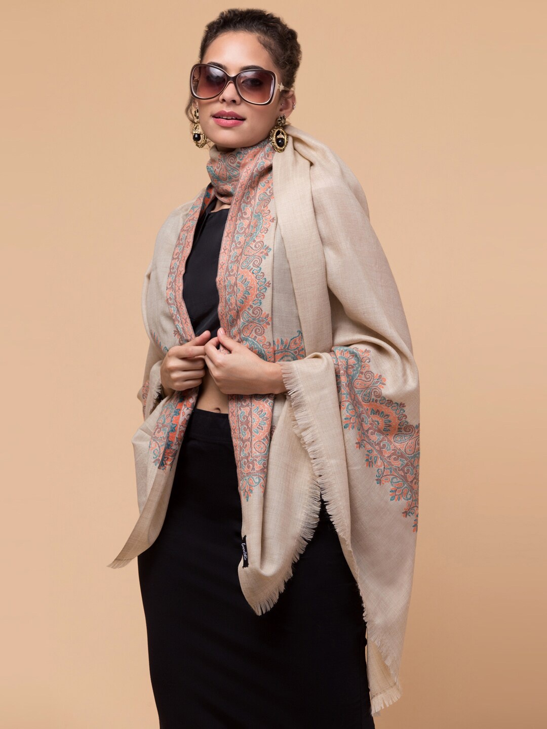 

Tweedle Ethnic Motif Printed Pashmina Style Woolen Shawl, Beige