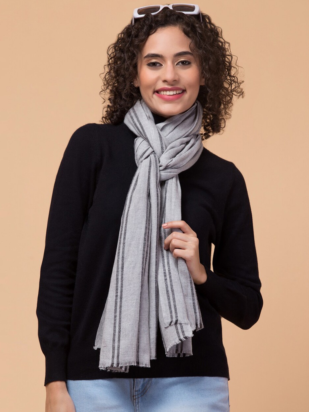 

Tweedle Striped Printed Woolen Shawl, Grey