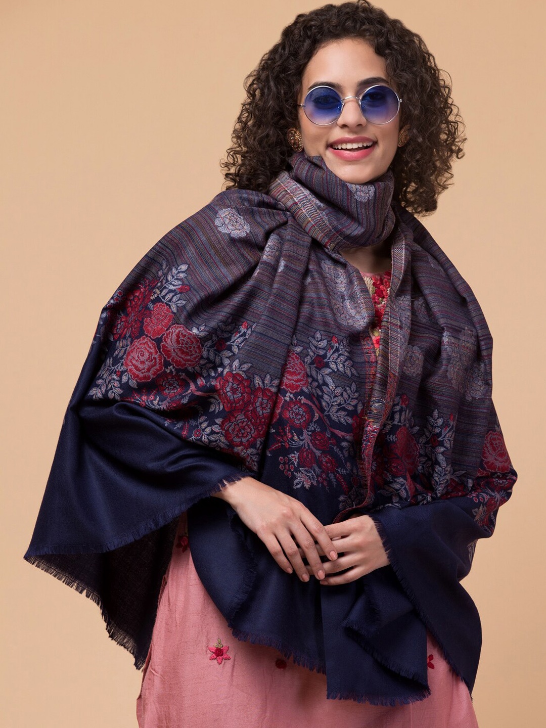 

Tweedle Floral Printed Pashmina Style Woolen Shawl, Navy blue