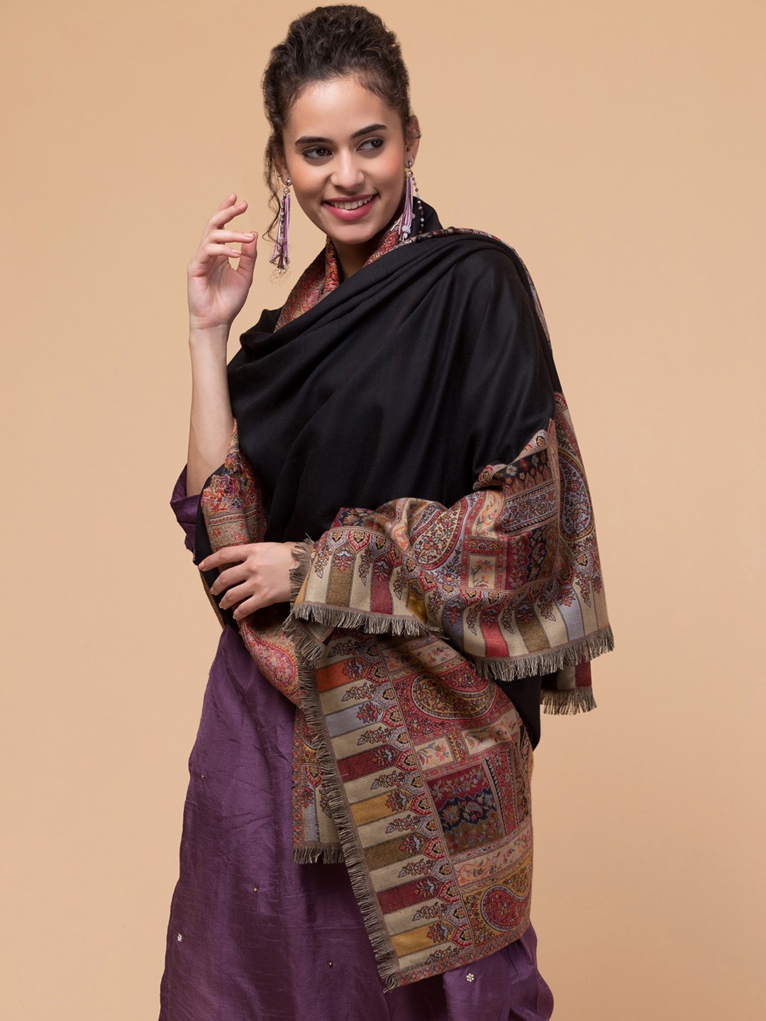 

Tweedle Paisley Printed Pashmina Style Woolen Shawl, Black