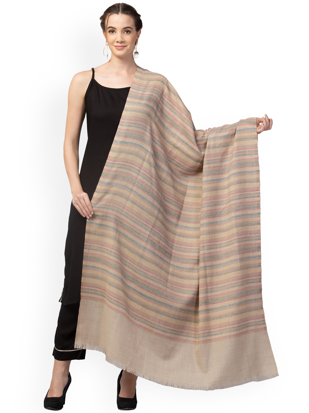 

Tweedle Striped Printed Pashmina Style Woolen Shawl, Off white