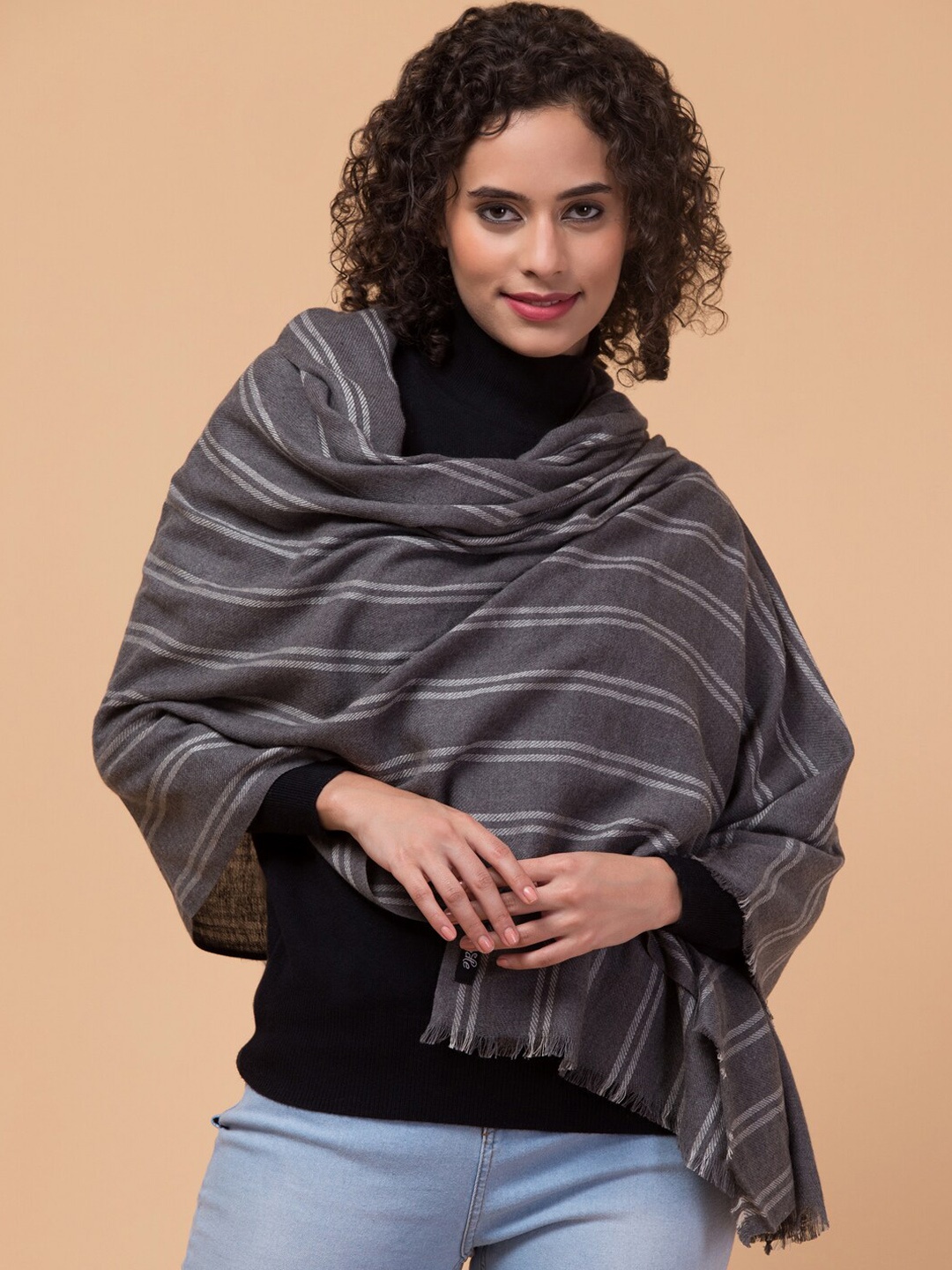 

Tweedle Striped Woven Design Cotton Wool Shawl, Black