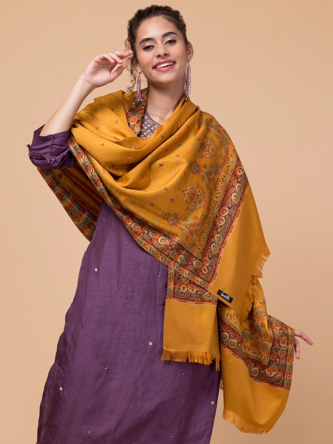 

Tweedle Ethnic Motifs Woven Design Acrylic Wool Shawl, Mustard