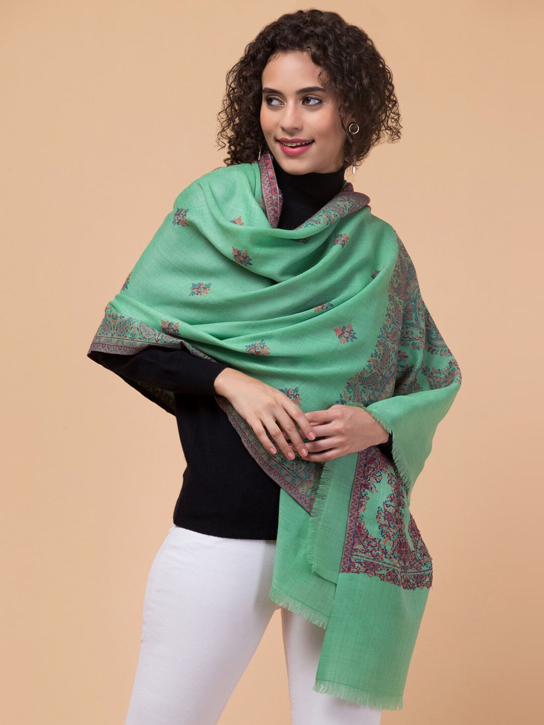 

Tweedle Floral Woven Design Woollen Shawl, Green