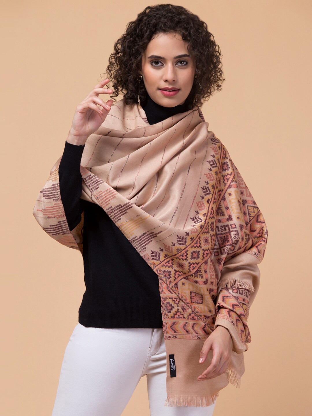 

Tweedle Geometric Woven Design Acrylic Wool Shawl, Beige