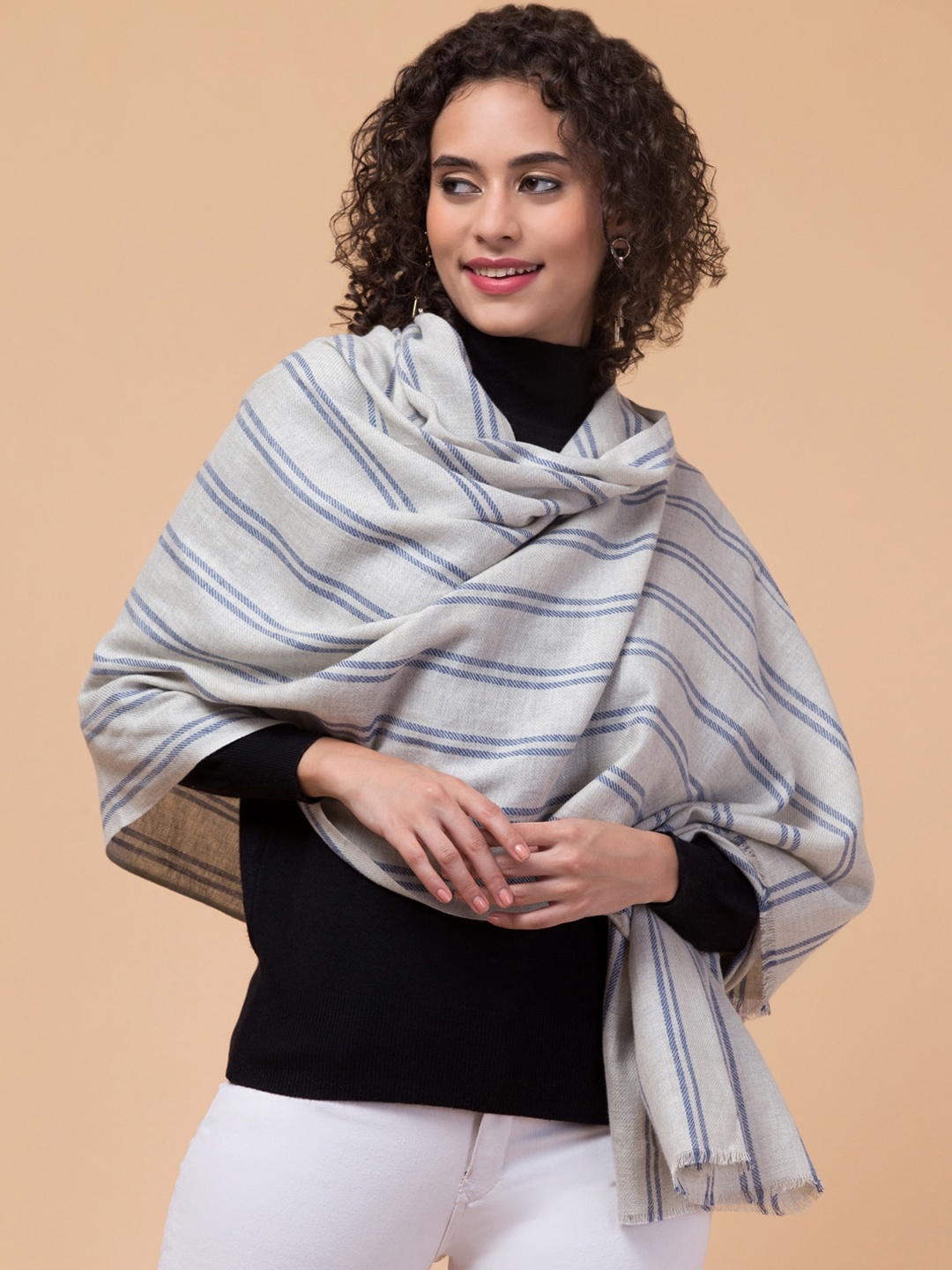

Tweedle Striped Woven Design Cotton Wool Shawl, Off white