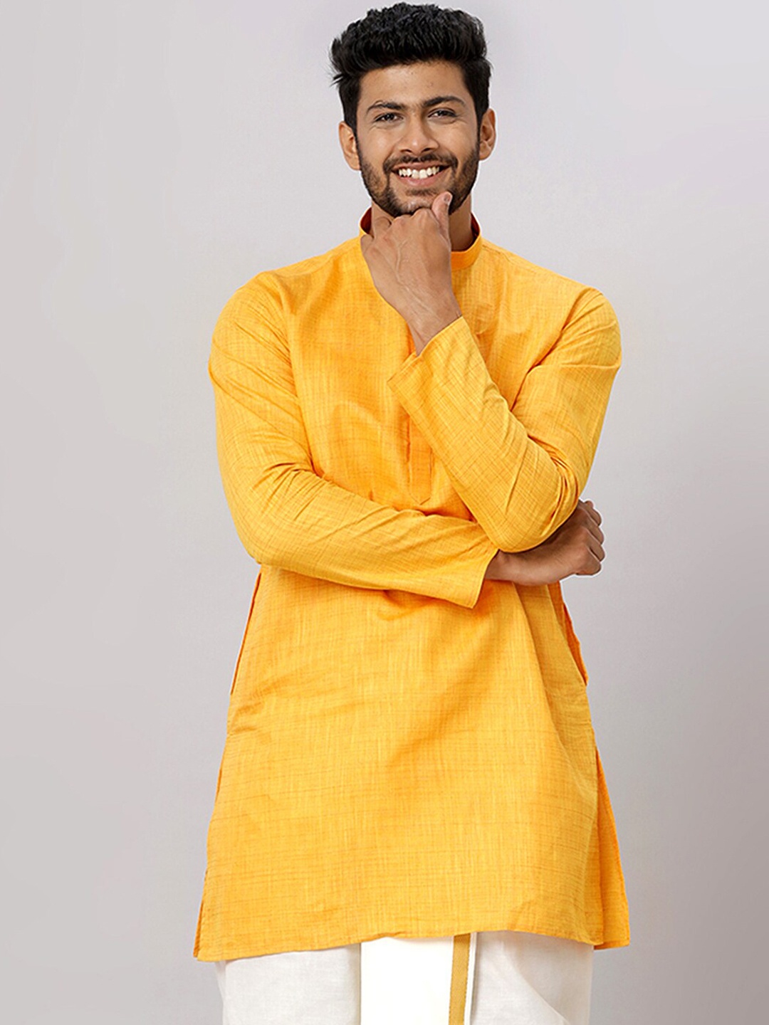 

Ramraj Mandarin Collar Cotton Straight Kurta, Yellow