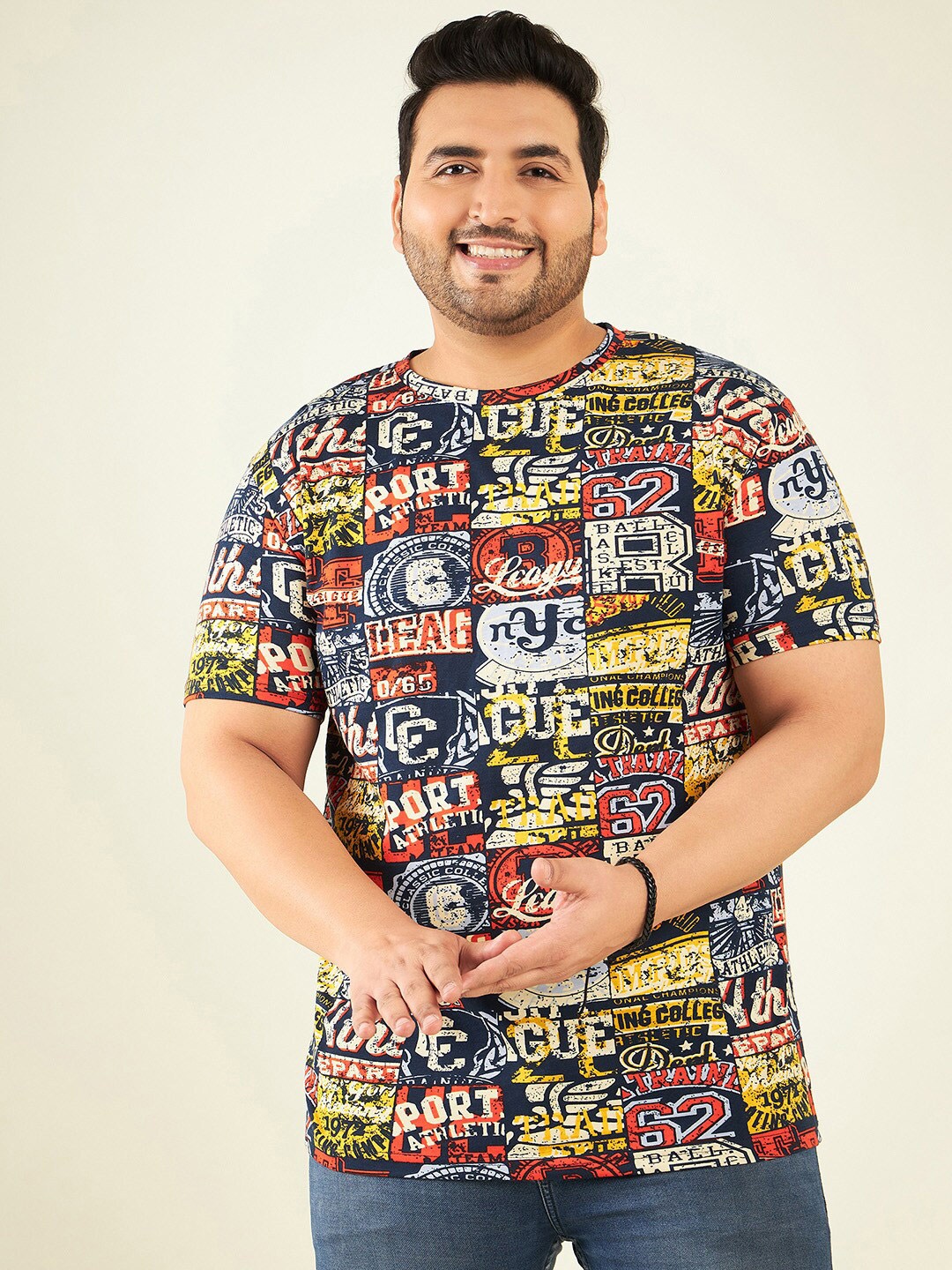 

Rodzen Plus Size Typography Printed Cotton T-shirt, Navy blue
