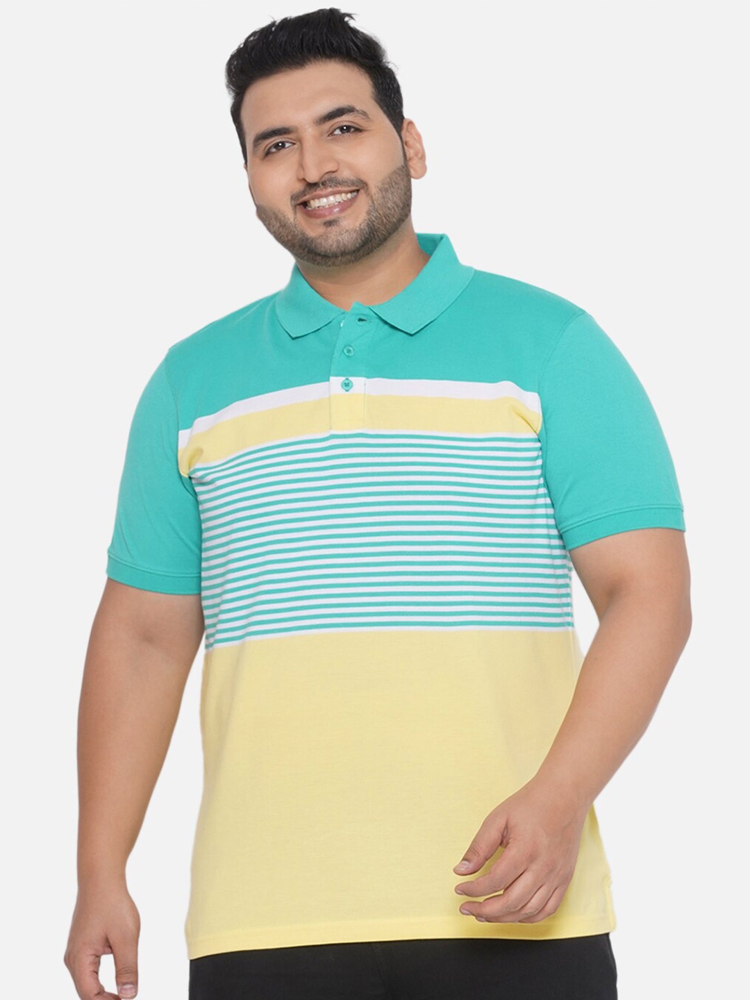 

Santonio Plus Size Striped Polo Collar Cotton T-shirt, Green