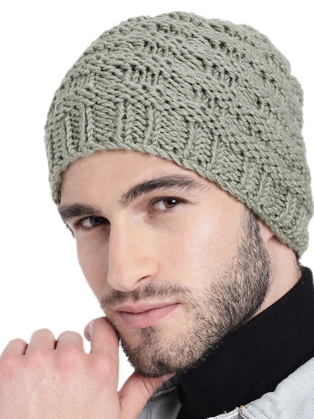 

Magic Needles Men Self Design Acrylic Beanie, Green