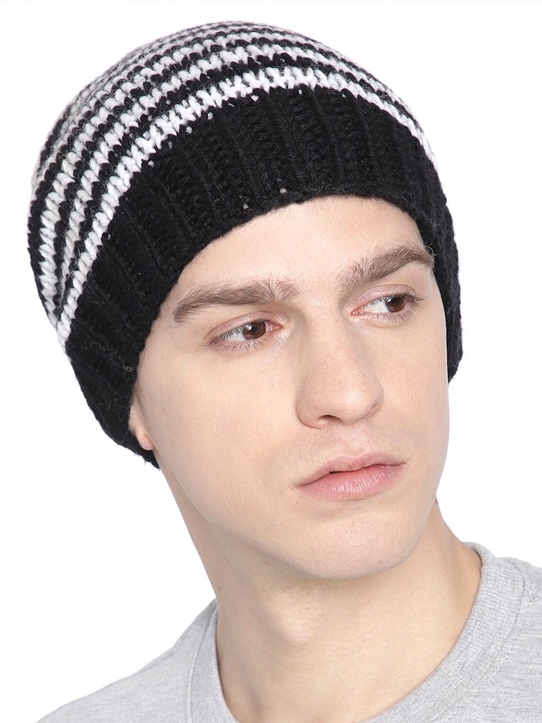

Magic Needles Men Striped Beanie, Black