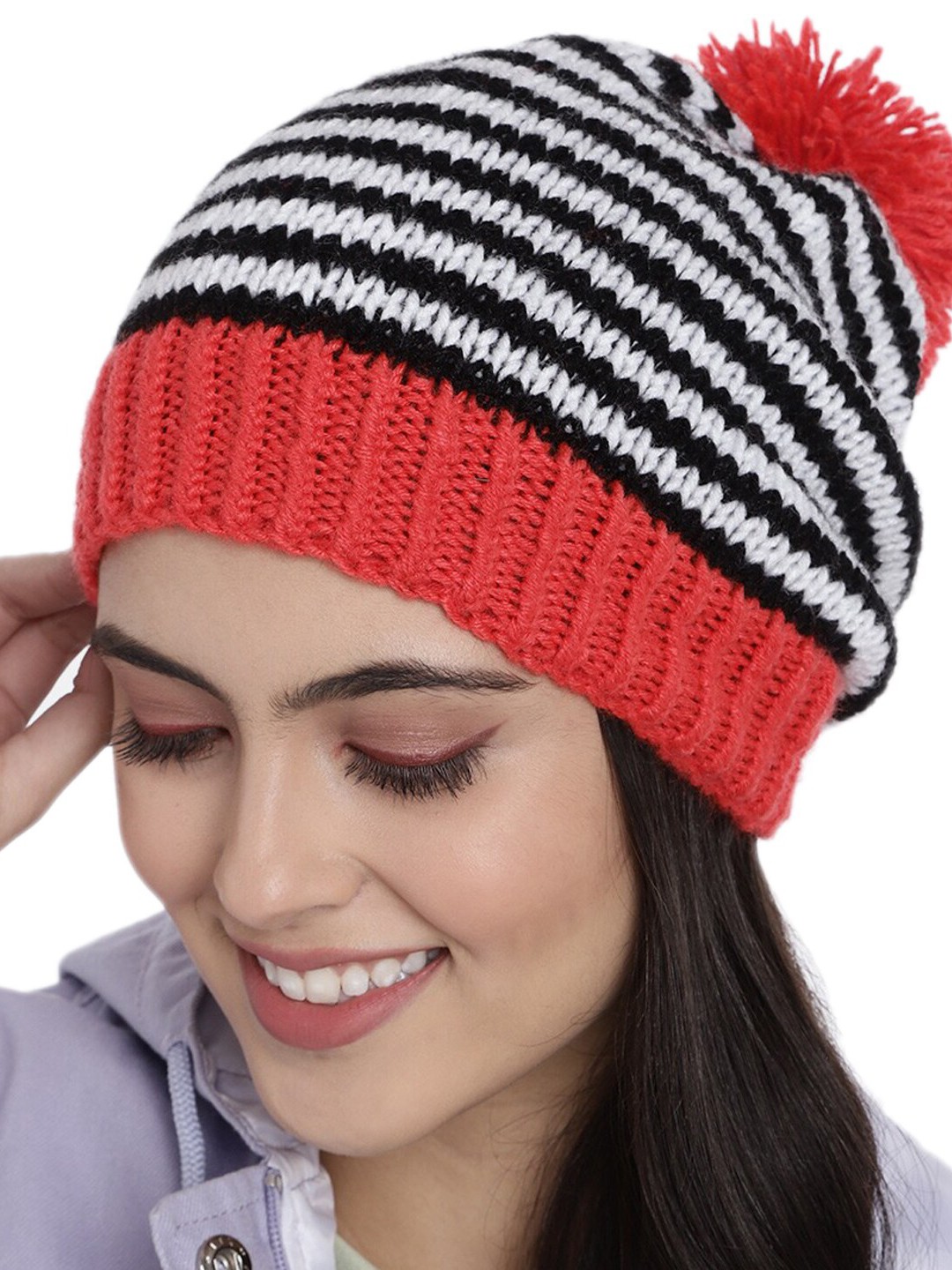 

Magic Needles Women Striped Beanie, Black