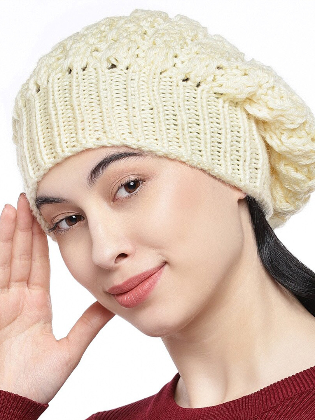 

Magic Needles Women Self Design Acrylic Beanie, Off white