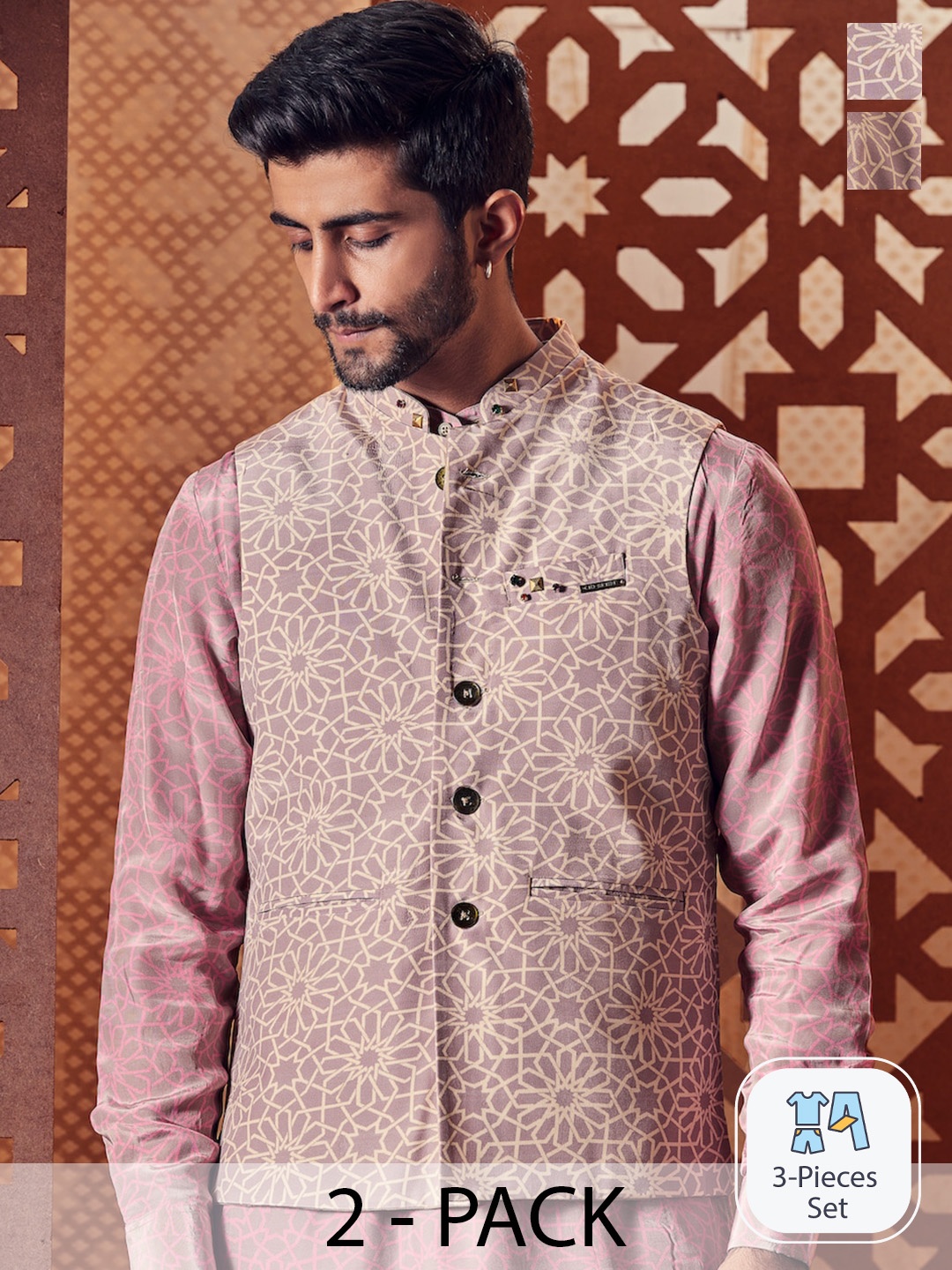 

charkhee Floral Printed Mandarin Collar Pure Cotton Nehru Jacket, Beige