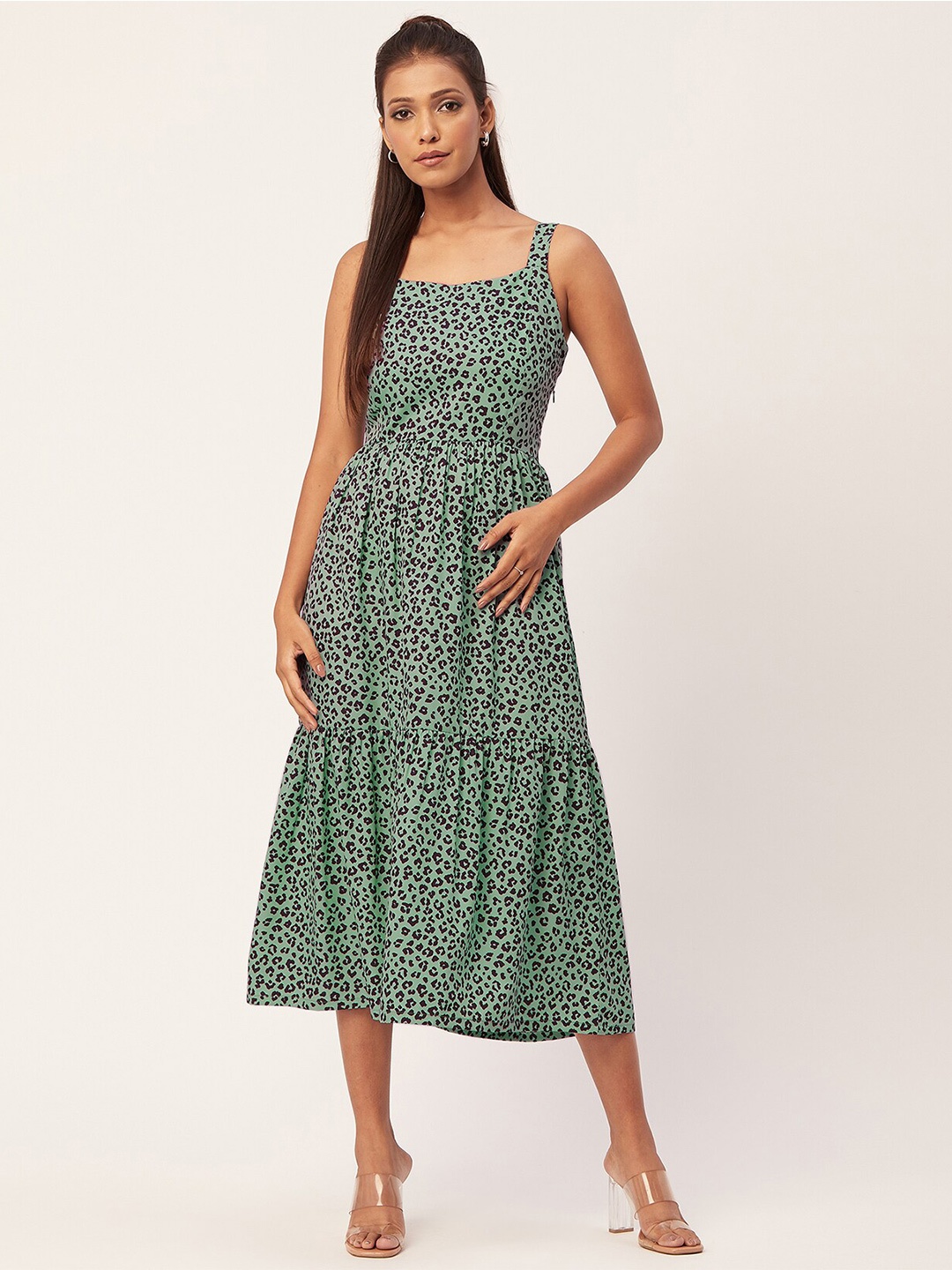 

Moomaya Abstract Printed Shoulder Straps Fit & Flare Midi Dress, Green