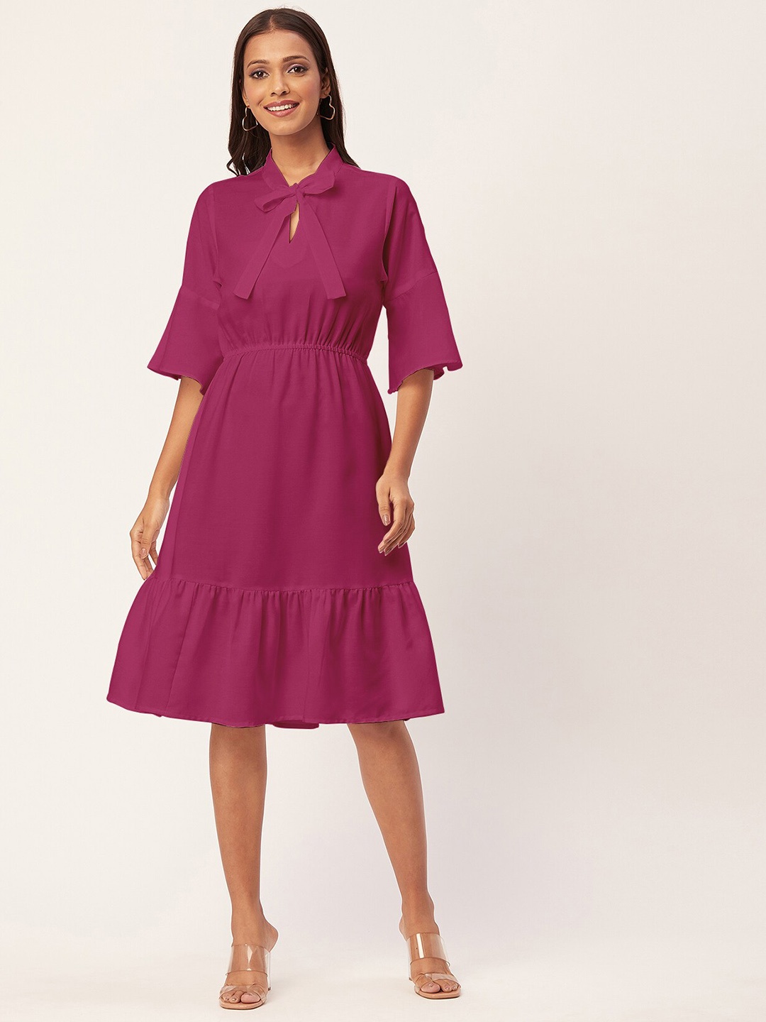 

Moomaya Tie-Up Neck Flared Sleeves Fit & Flare Dress, Pink