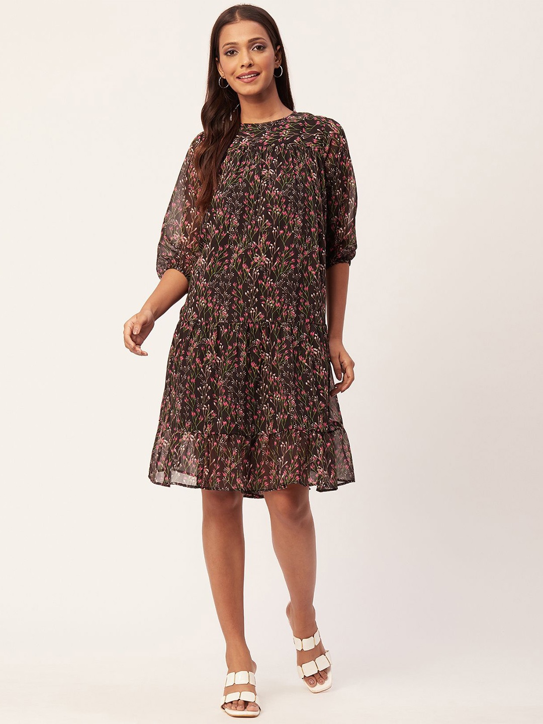 

Moomaya Floral Printed A-Line Dress, Black
