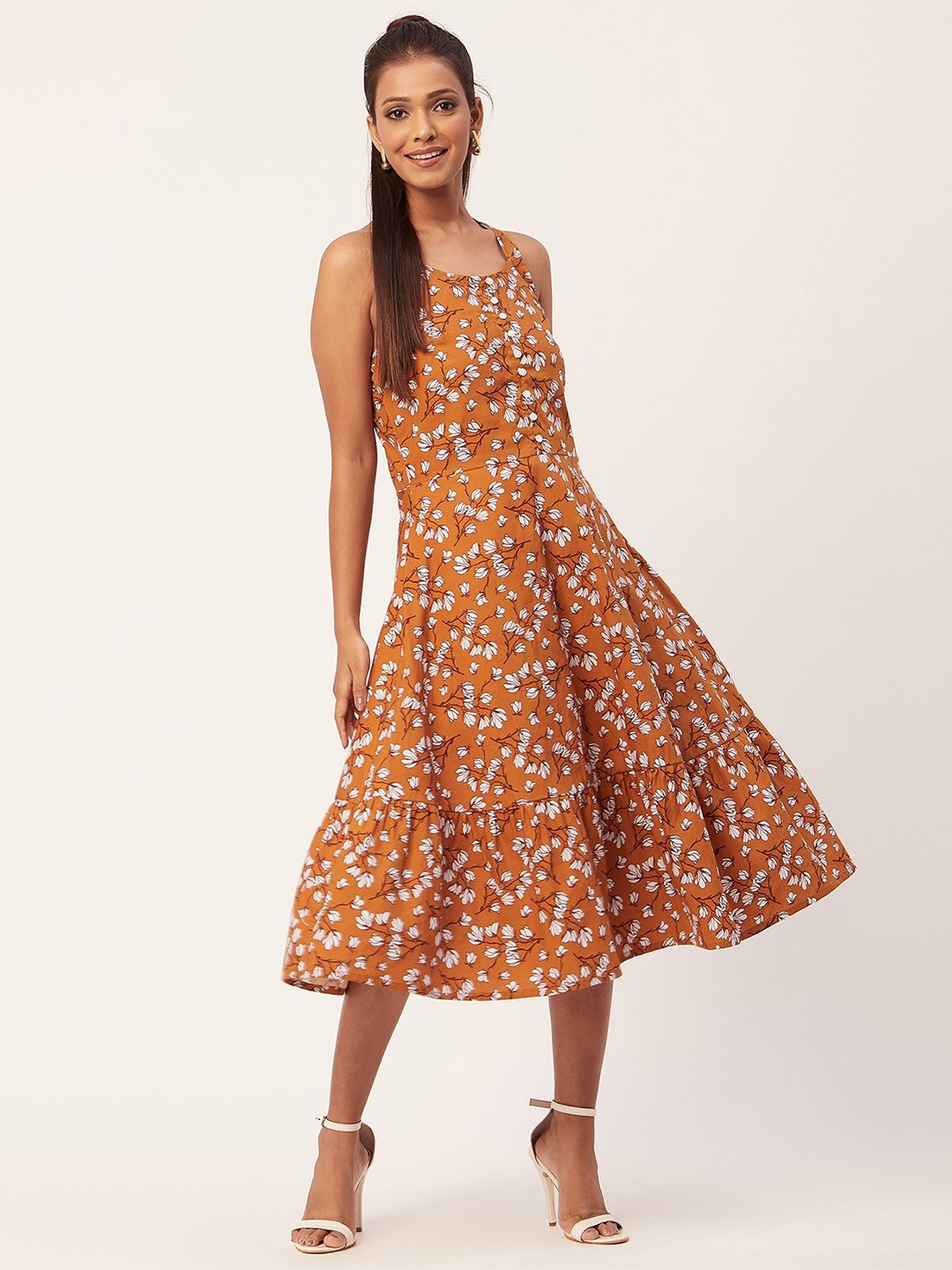 

Moomaya Floral Printed Shoulder Straps A-Line Midi Dress, Mustard