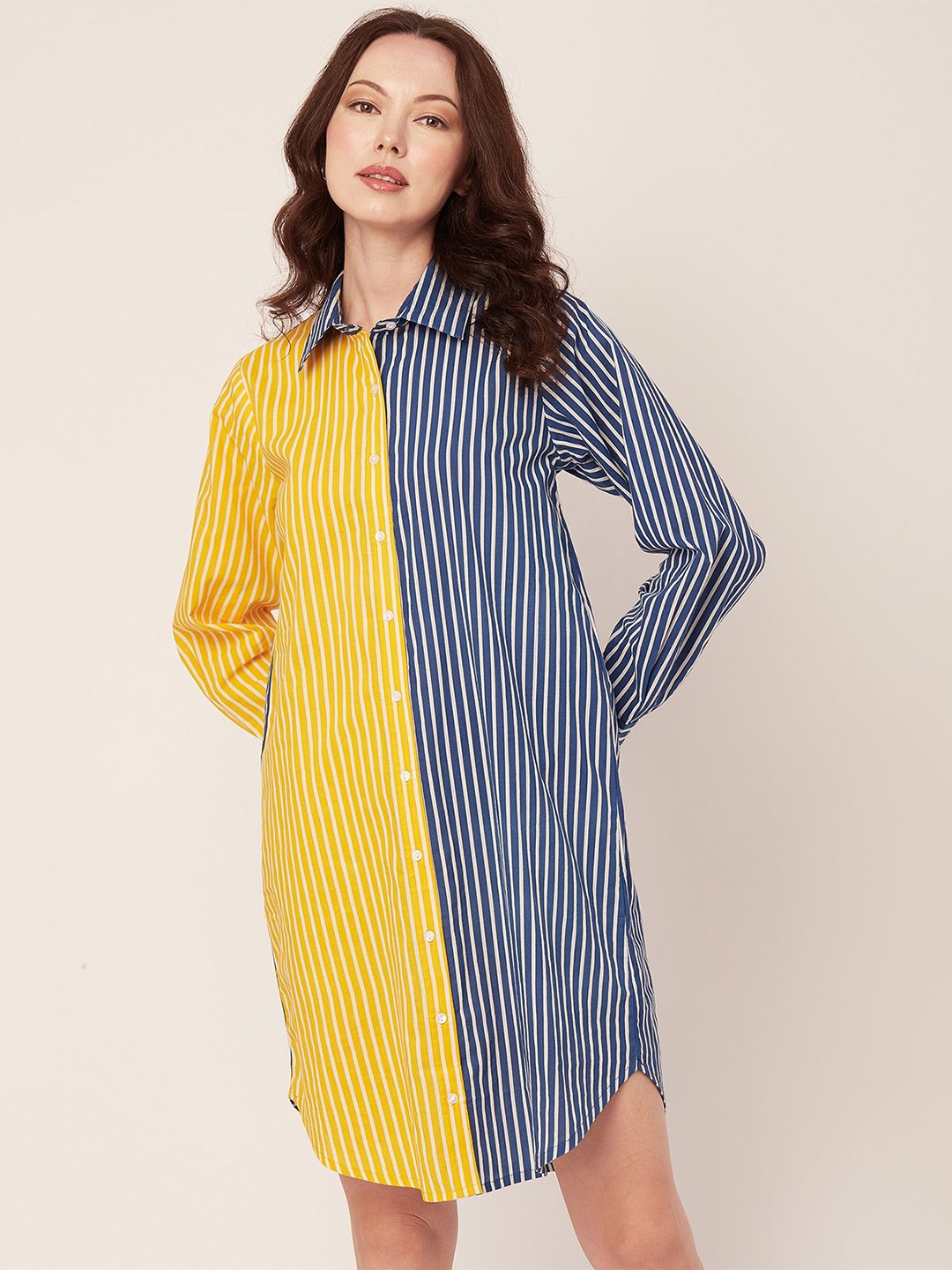 

Moomaya Colourblocked Striped Cotton Shirt Dress, Yellow