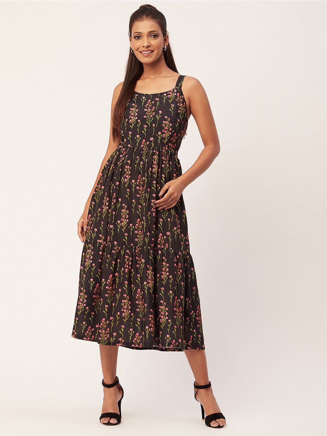 

Moomaya Floral Printed Fit & Flare Midi Dress, Black