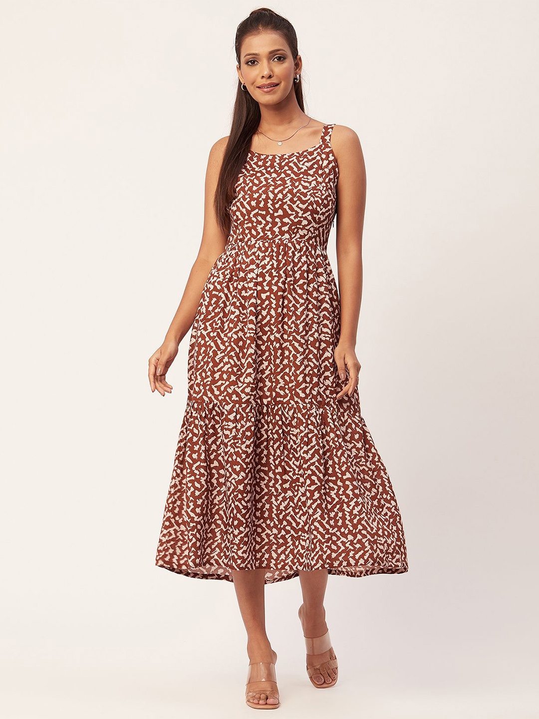 

Moomaya Abstract Printed Shoulder Straps Fit & Flare Midi Dress, Brown