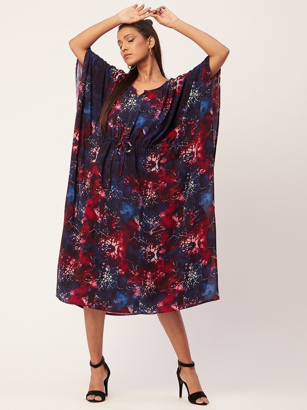 

Moomaya Abstract Printed Kimono Sleeves Kaftan Midi Dress, Navy blue