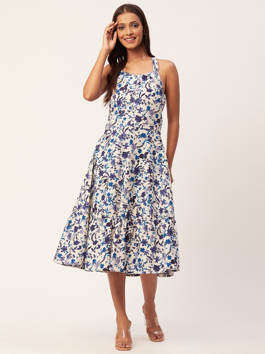 

Moomaya Floral Printed Fit & Flare Midi Dress, Beige