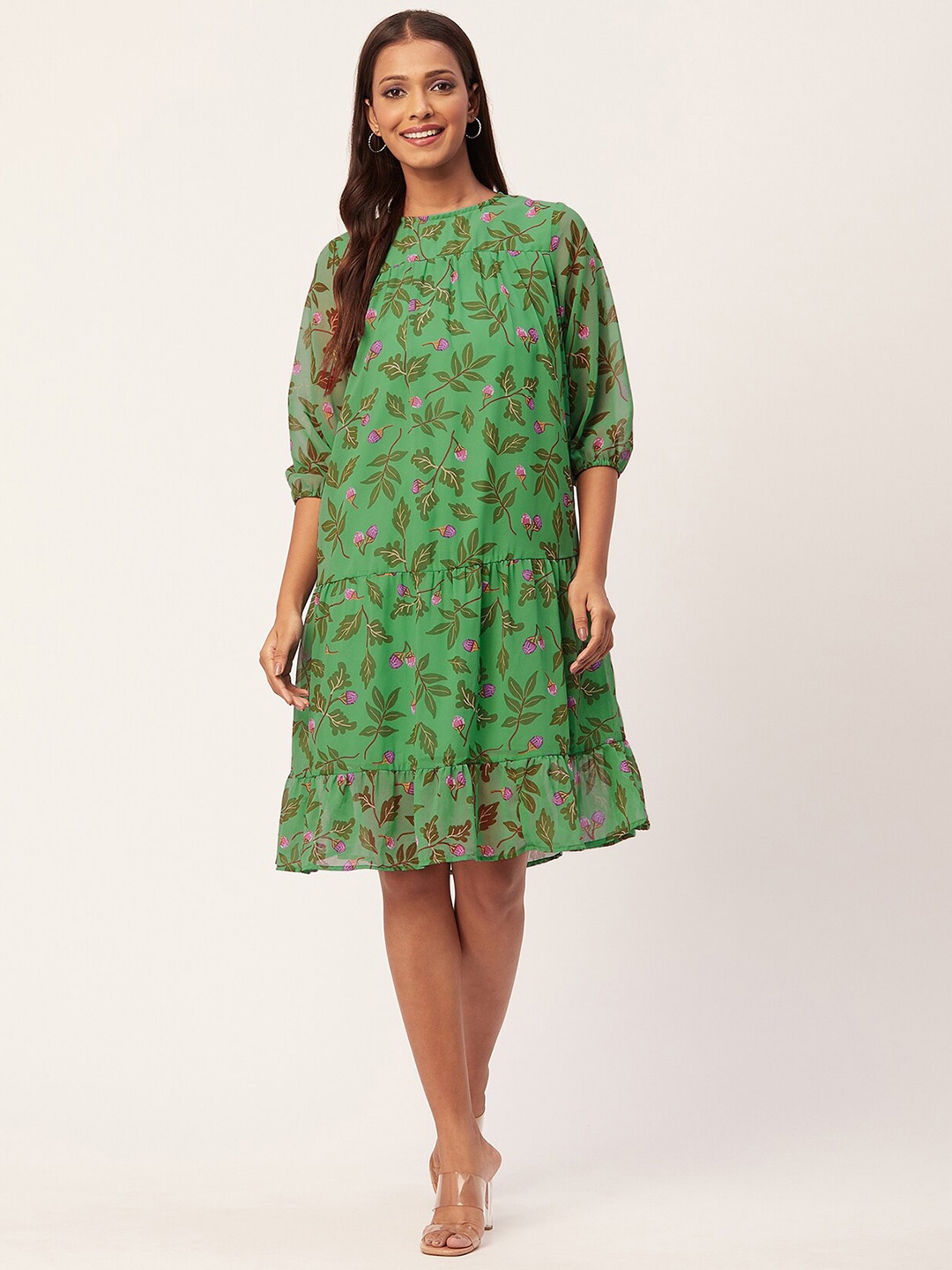 

Moomaya Floral Printed Puff Sleeves Tiered A-Line Dress, Green