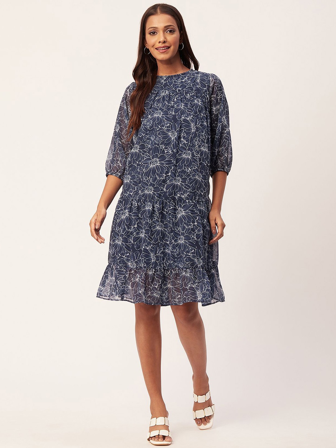 

Moomaya Floral Printed Puff Sleeves Tiered A-Line Dress, Blue