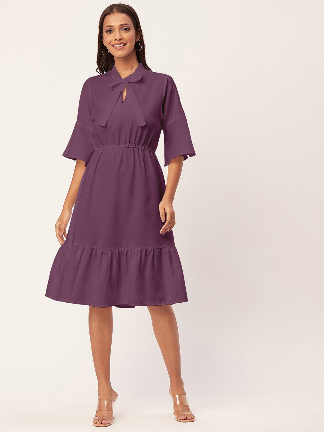 

Moomaya Tie-Up Neck Fit & Flare Dress, Mauve