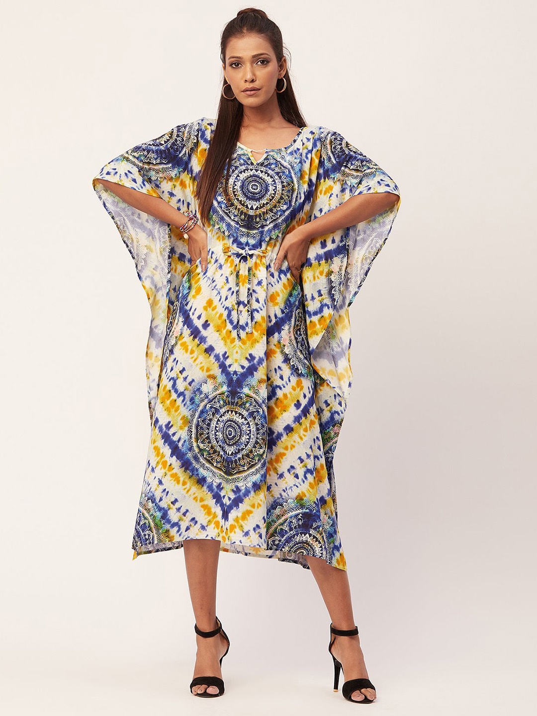 

Moomaya Ethnic Motifs Printed Kimono Sleeves Kaftan Midi Dress, Yellow