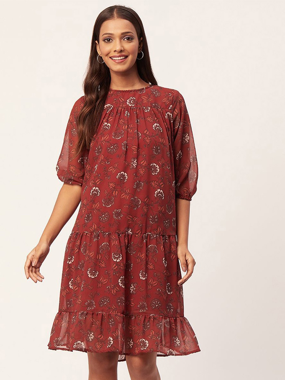 

Moomaya Floral Printed Puff Sleeve Chiffon A-Line Dress, Rust