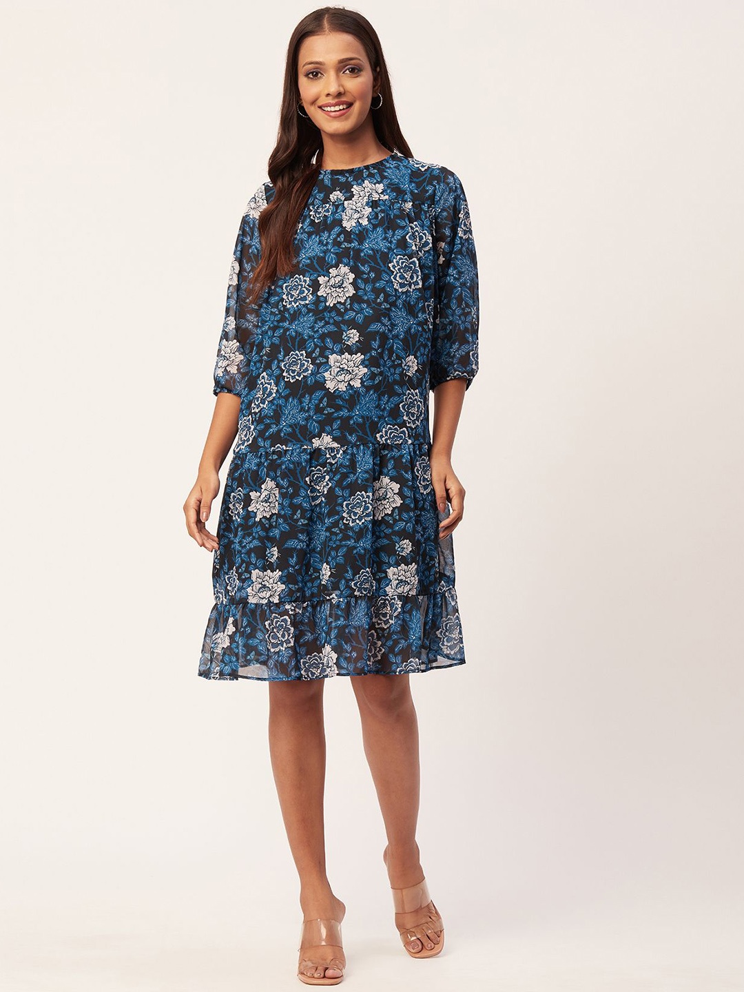 

Moomaya Floral Printed Puff Sleeves Tiered A-Line Dress, Navy blue