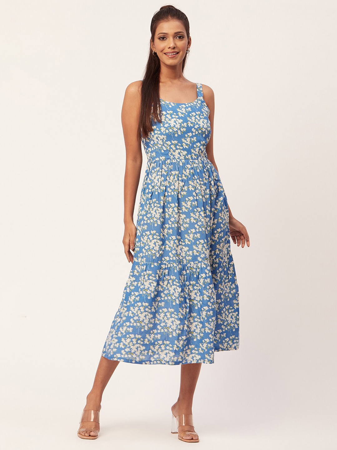 

Moomaya Floral Printed Shoulder Straps Cotton Fit & Flare Midi Dress, Blue