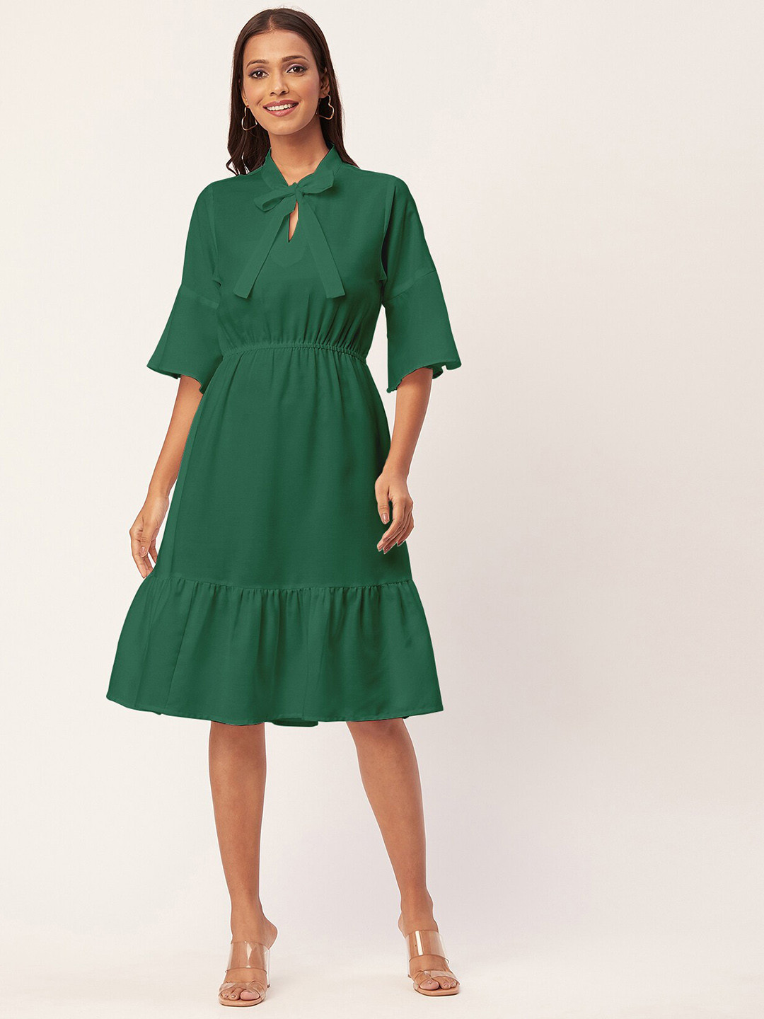 

Moomaya Tie-Up Neck Flared Sleeves Fit & Flare Dress, Green
