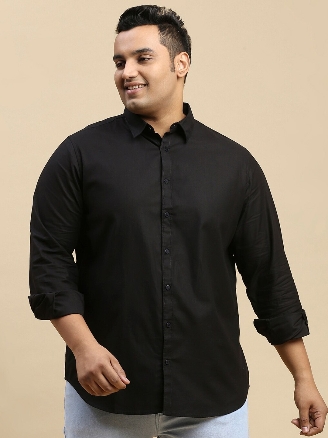 

Sztori Plus Size Classic Spread Collar Long Sleeve Cotton Casual Shirt, Black