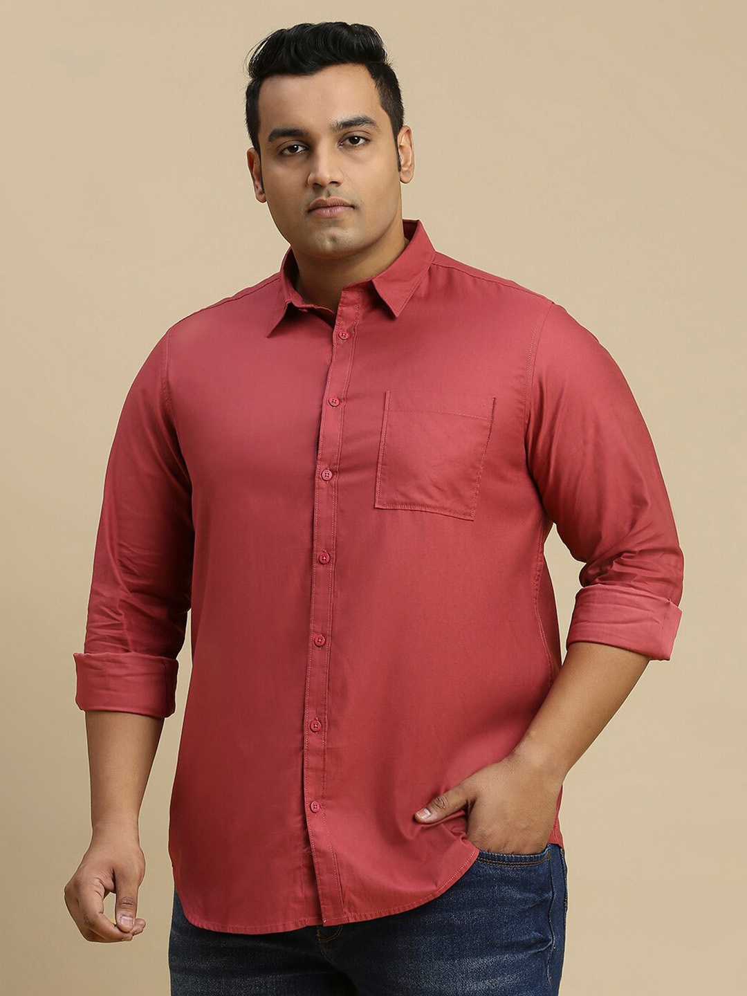 

Sztori Plus Size Classic Spread Collar Long Sleeve Pocket Cotton Casual Shirt, Coral