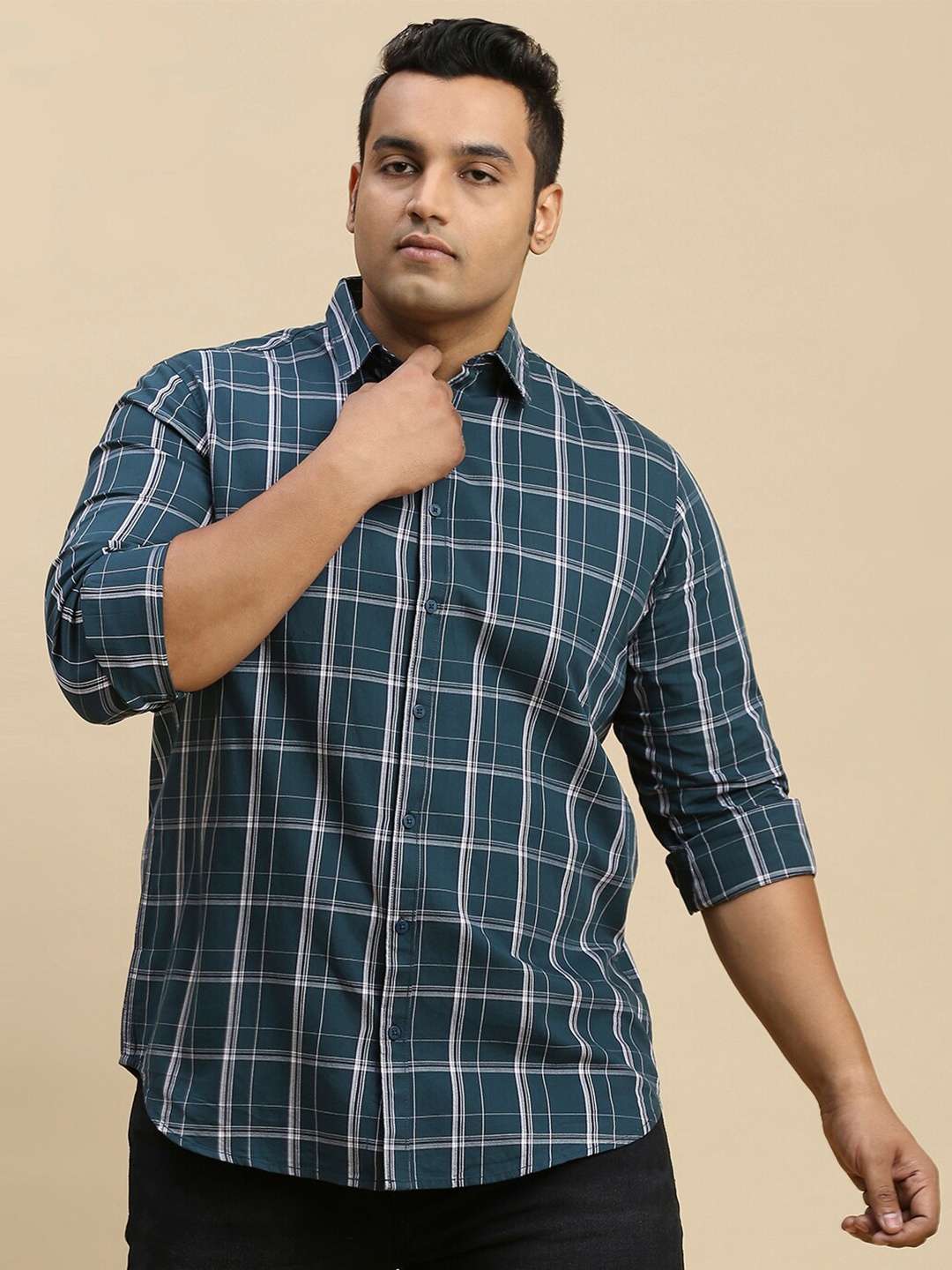 

Sztori Plus Size Classic Tartan Checks Spread Collar Long Sleeve Cotton Casual Shirt, Teal
